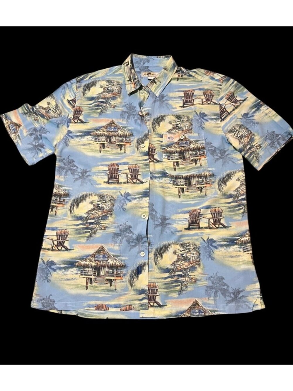 Men's Large Hawaiian Rayon Shirt Beach Scene Blue Tropical Short Sleeve
